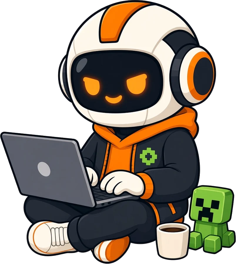 Arch code, assis avec son ordinateur, un café et une peluche Creeper