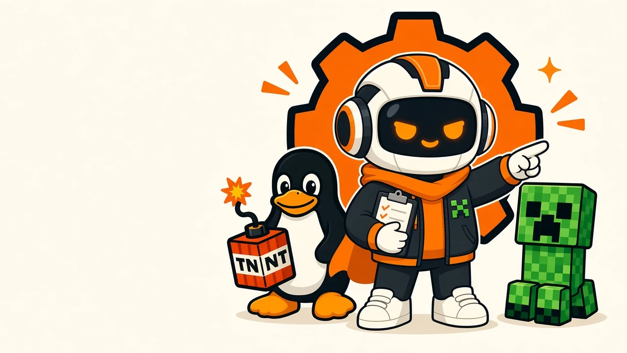 Arch, Tux avec un bloc de TNT, et le Creeper devant un grand engrenage orange